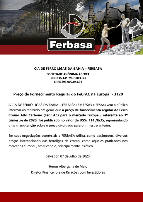 Comunicado ao Mercado - Preço Regular do FeCrAC na Europa no 3T20-1