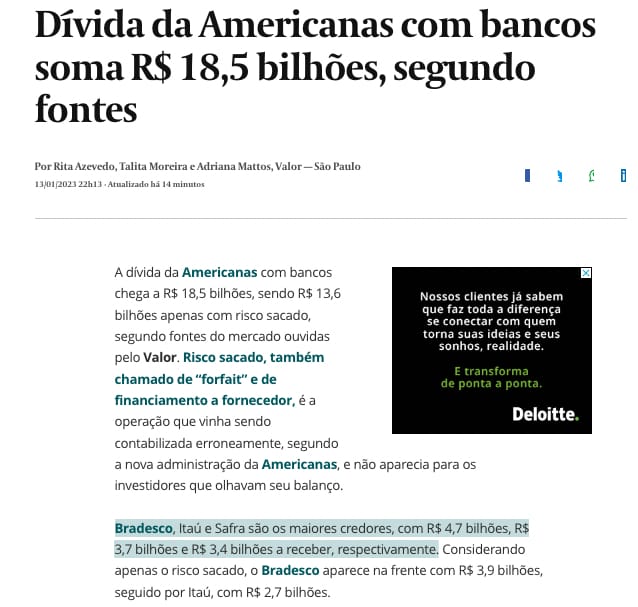 Bradesco (BBDC4) é banco com maior dívida com Americanas (AMER3
